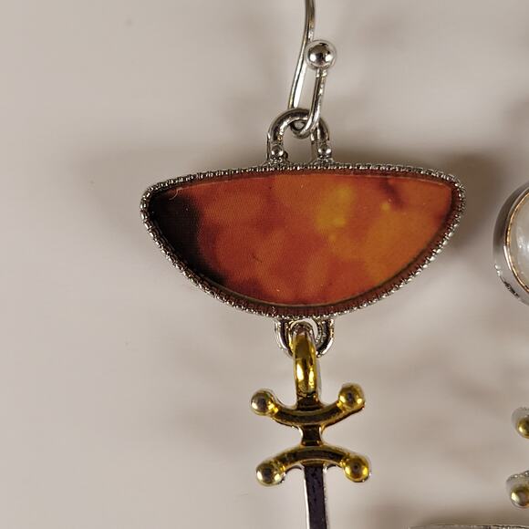 Abstract Drop Earrings Orange Half Moon Pearl Dangle Mixed Metal Boho Style - Picture 7 of 8